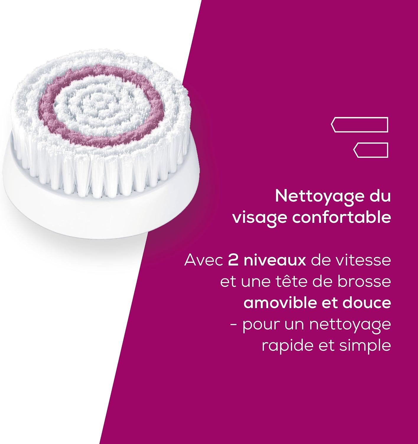 Brosse nettoyante pour le visage blanche avec un anneau et un bouton roses, sur une étagère.