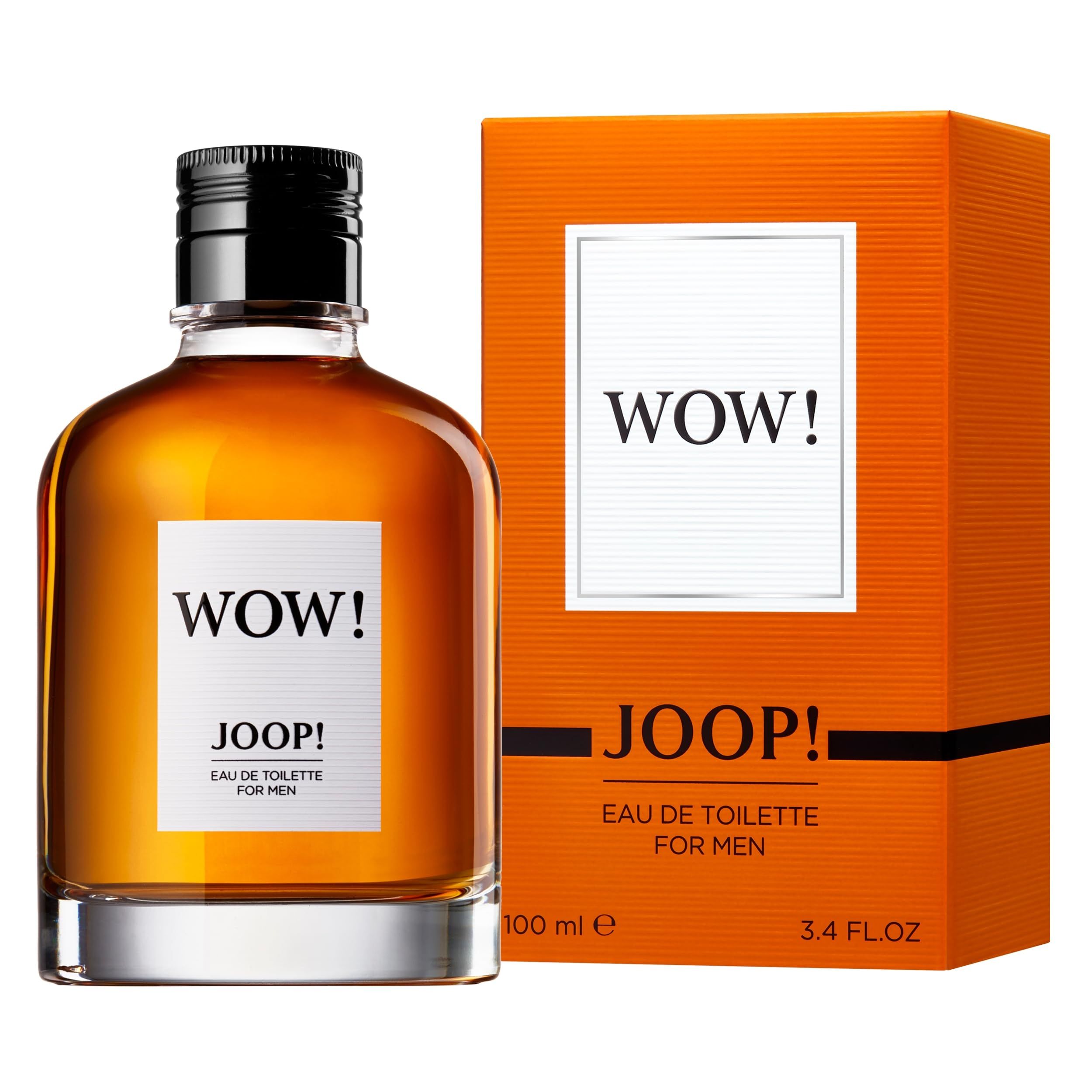 Joop Wow Eau de Toilette pour homme. Flacon et emballage. Boîte orange avec WOW! et JOOP! 100 ml.