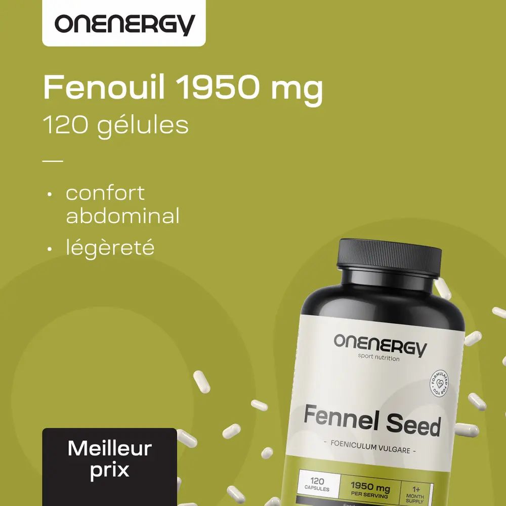 Bouteille de graines de fenouil ONENERGY, 120 gélules. Pour le confort abdominal et la légèreté.