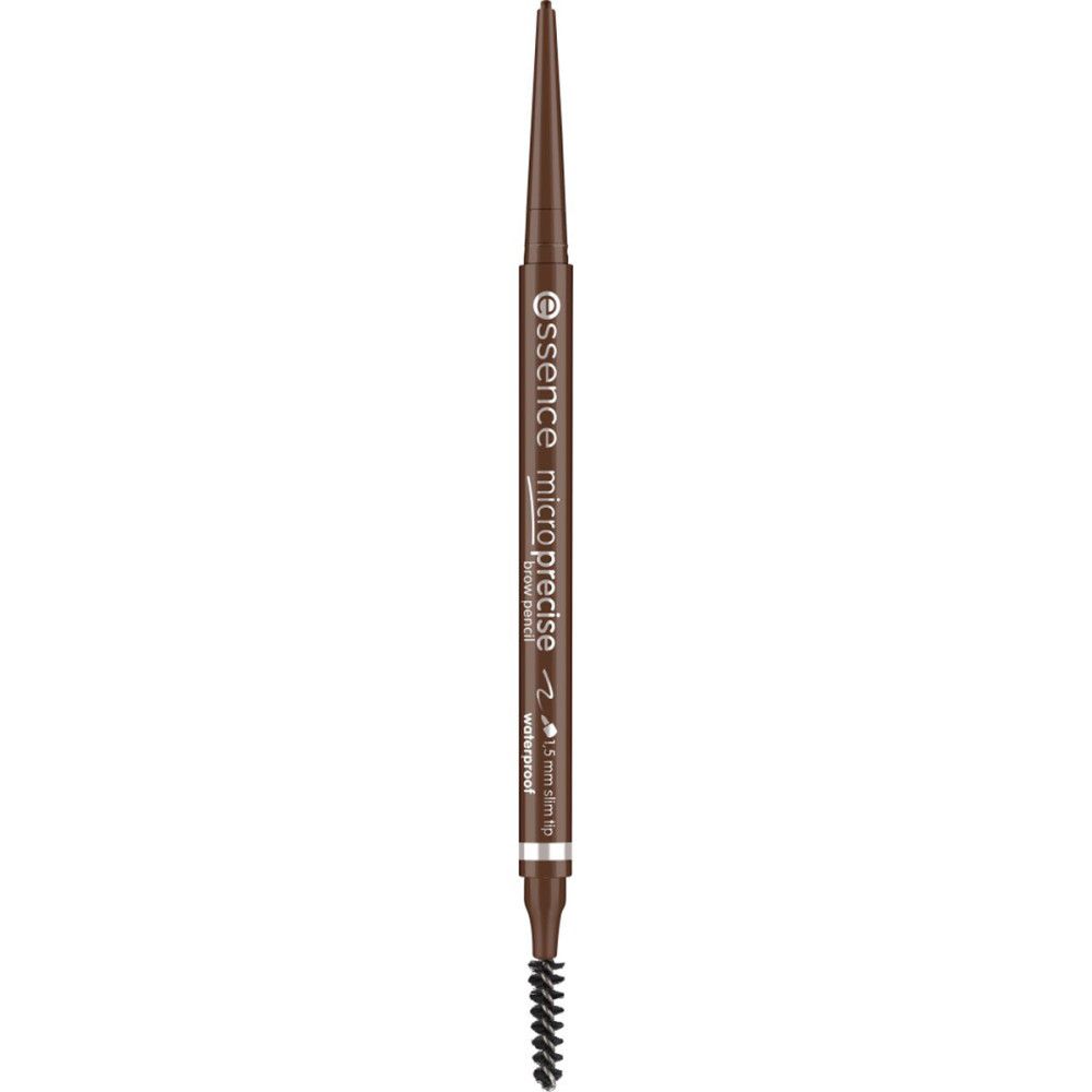 Crayon à sourcils brun avec pointe fine et brosse. Inscription: essence micro precise waterproof.