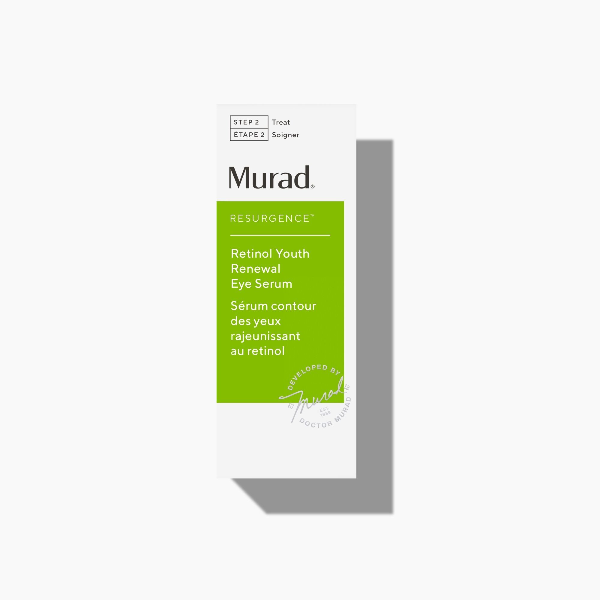 Emballage blanc Murad Retinol Youth Renewal Eye Serum. Texte vert. Nom du produit et marque visibles.
