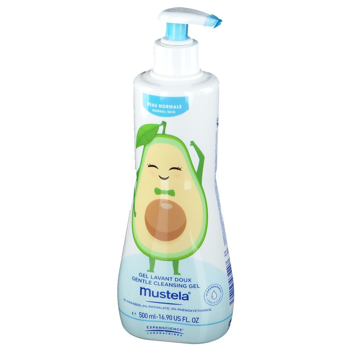 Witte fles met blauwe pomp. Avocado-illustratie. Tekst: Mustela, Zachte reinigingsgel. Opschrift: 500 ml.