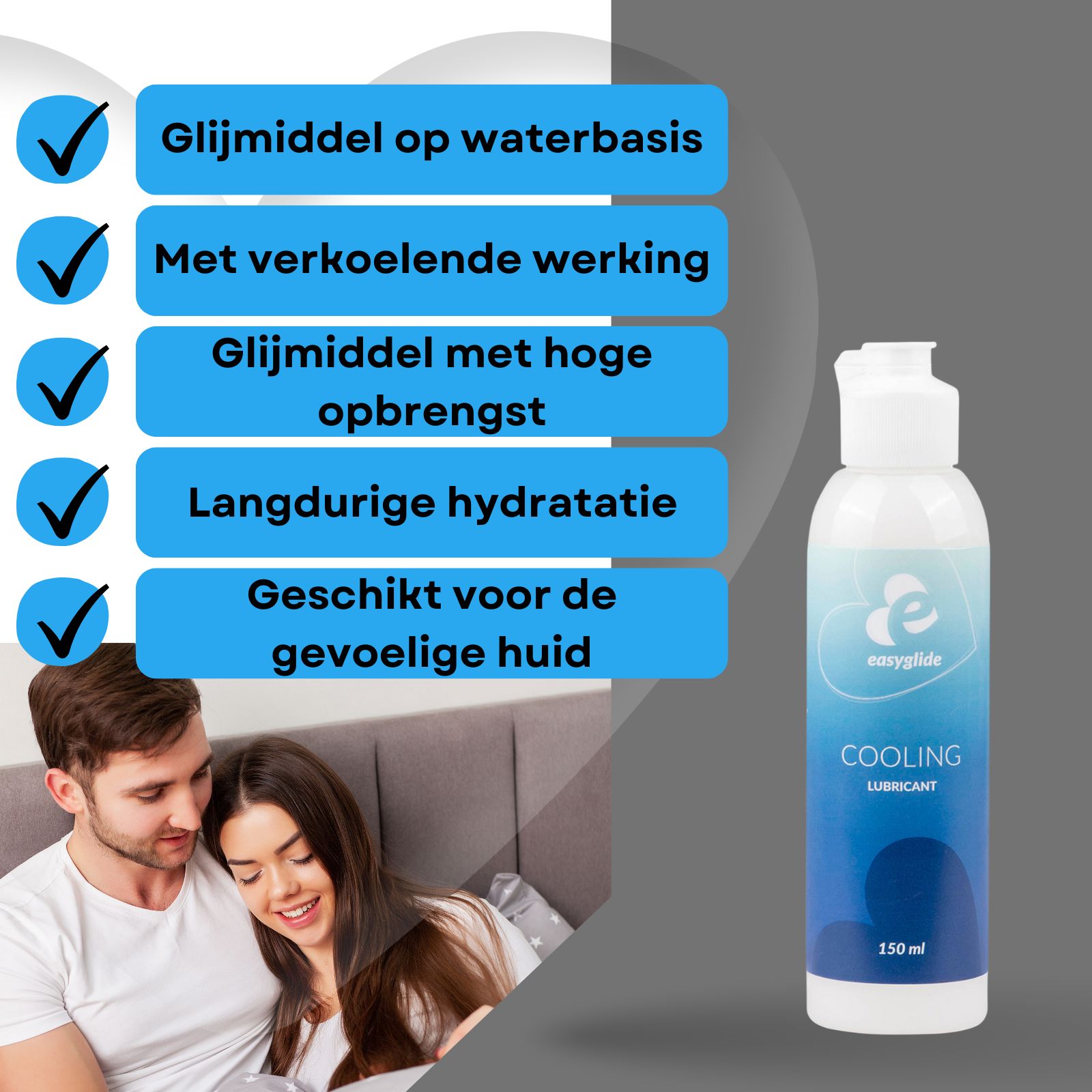 Fles met witte dop. Easyglide Cooling Lubricant. Blauw en wit. 150 ml. Koppel in bed.
