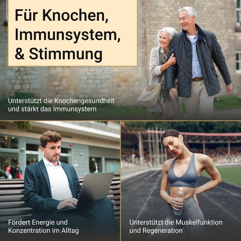 Collage d'images. En haut : couple âgé. En bas à gauche : homme avec ordinateur portable. En bas à droite : femme avec bouteille d'eau. Texte : Pour les os, le système immunitaire et l'humeur.