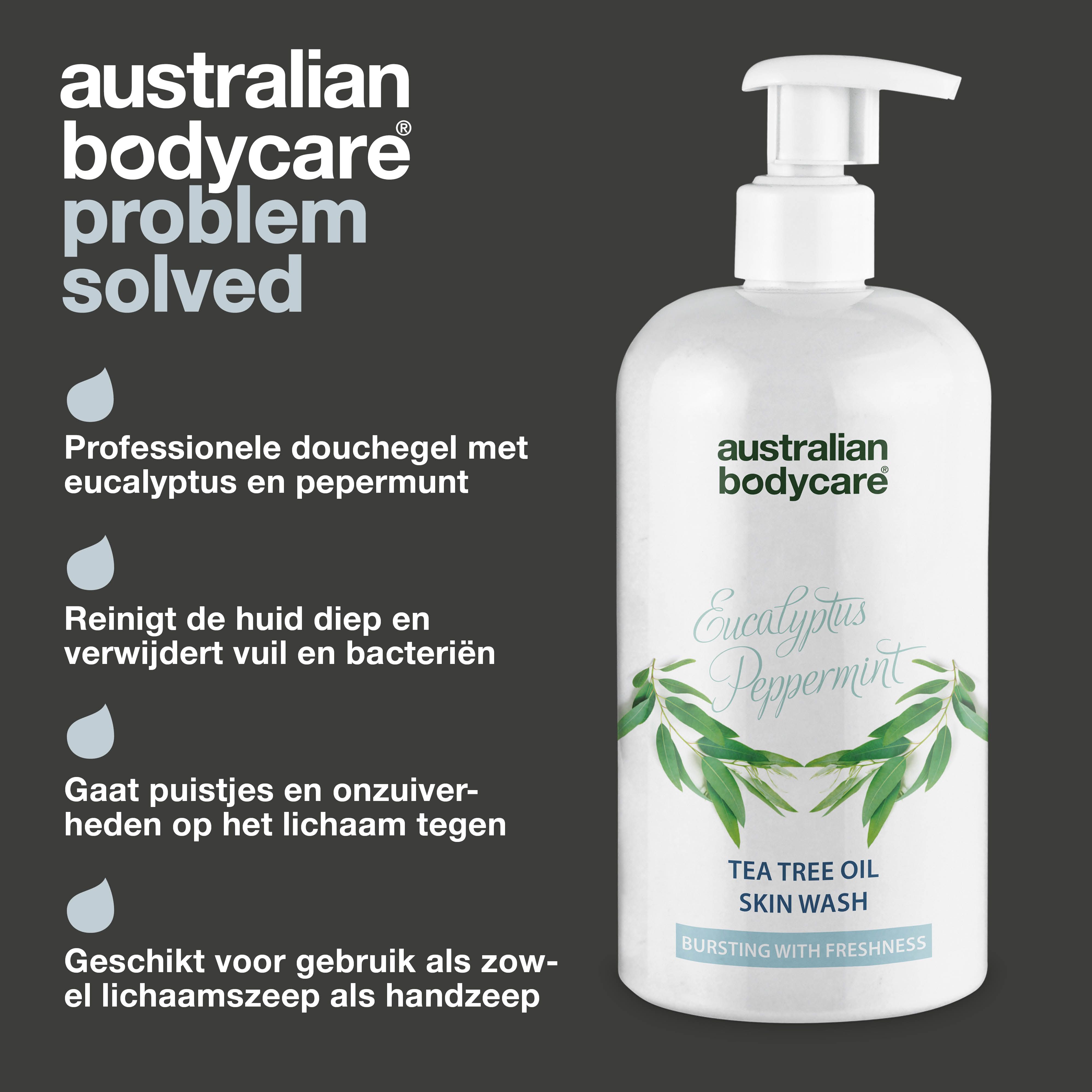 Fles met pomp. Tekst: Australian Bodycare, Professionele douchegel met eucalyptus en pepermunt. Verwijdert vuil.