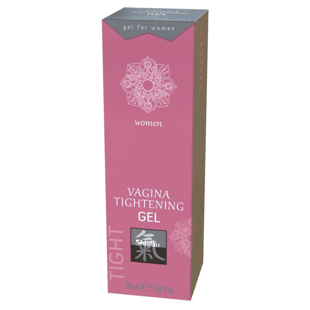 Emballage rose avec nom du produit et logo. Texte: Vagina Tightening Gel. Marque: Shiatsu. Volume: 30 ml.