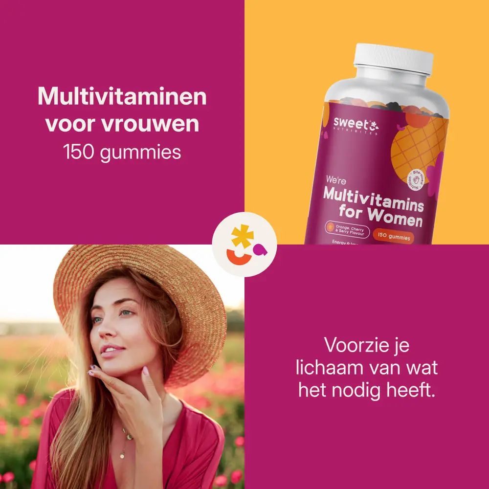 Sweet Nutribites Multivitamine voor vrouwen. Fles en vrouw met hoed. Tekst: Multivitamine voor vrouwen. 150 gummies.