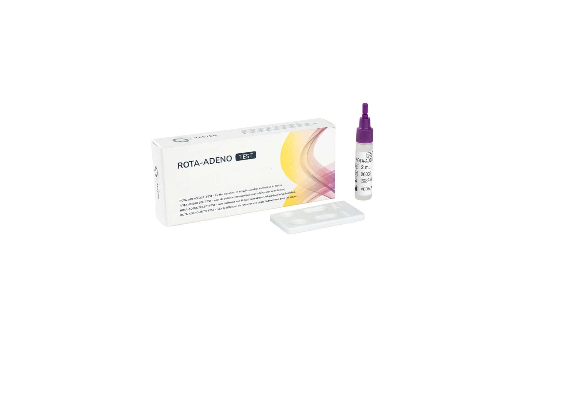 Test Rotavirus & Adénovirus : Kit de test avec liquide réactif, cassette de test et instructions.