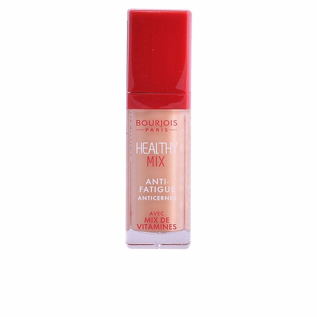 Correcteur Bourjois Healthy Mix, beige doré. Bouchon rouge, flacon transparent. Texte: Healthy Mix, Anti-Fatigue, Mix de Vitamines.