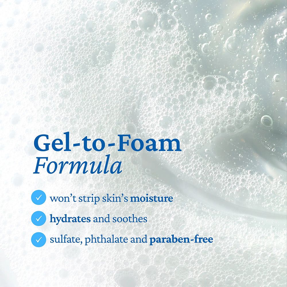 Texte sur fond blanc : Formule Gel-to-Foam, hydrate, sans sulfate.