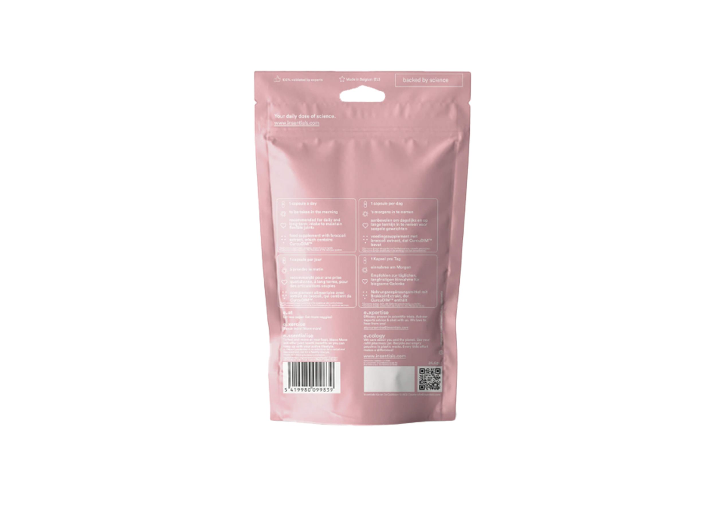 Dos d'un sachet rose avec texte et code-barres. Contient des informations sur le produit et un dispositif de suspension.