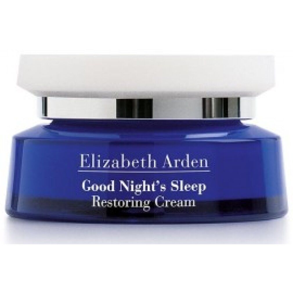 Pot de crème bleu avec couvercle blanc et anneau argenté. Texte: Elizabeth Arden Good Night's Sleep Restoring Cream.