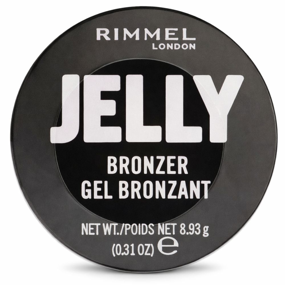 Couvercle noir avec texte blanc: JELLY, BRONZER, GEL BRONZANT. Marque: Rimmel. Poids net: 8.93g (0.31 OZ).