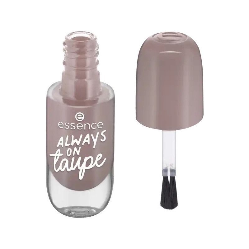 Flacon de vernis à ongles Essence 'Always On Taupe', ouvert avec pinceau.