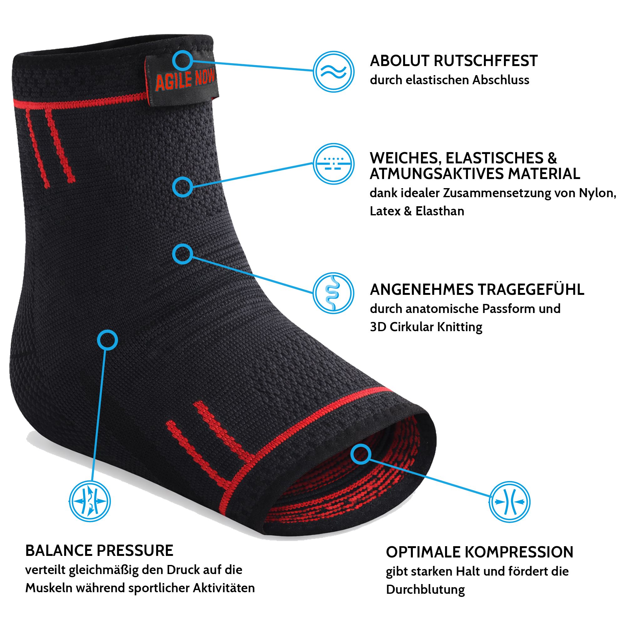 Zwarte enkelbrace met rode accenten. Tekst: AGILE NOW. Eigenschappen: antislip, ademend, comfortabel, balans, compressie.