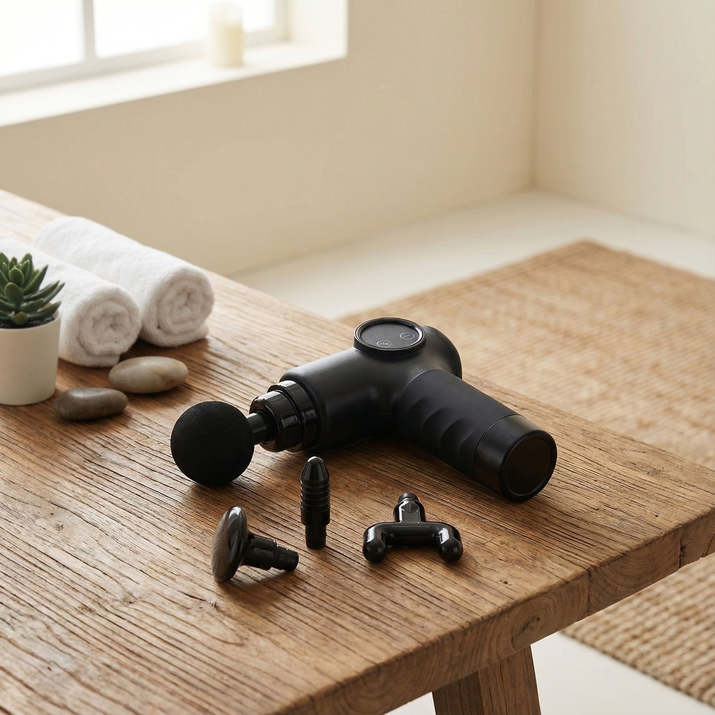 Pistolet de massage noir avec accessoires sur une table en bois. Différents accessoires sont à côté. Fond : bois.