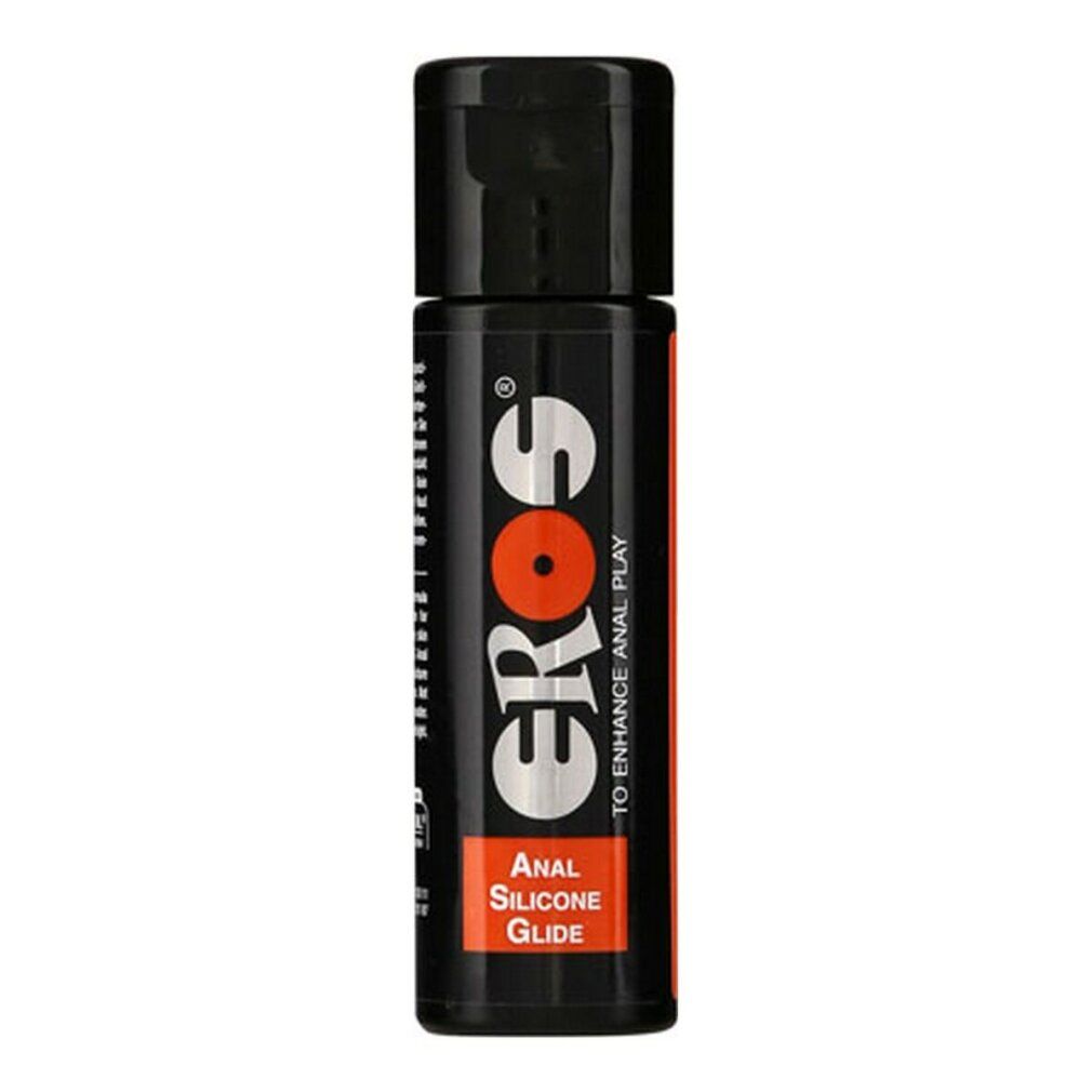 Zwarte fles met zwarte dop. Opschrift: EROS, Anal Silicone Glide.