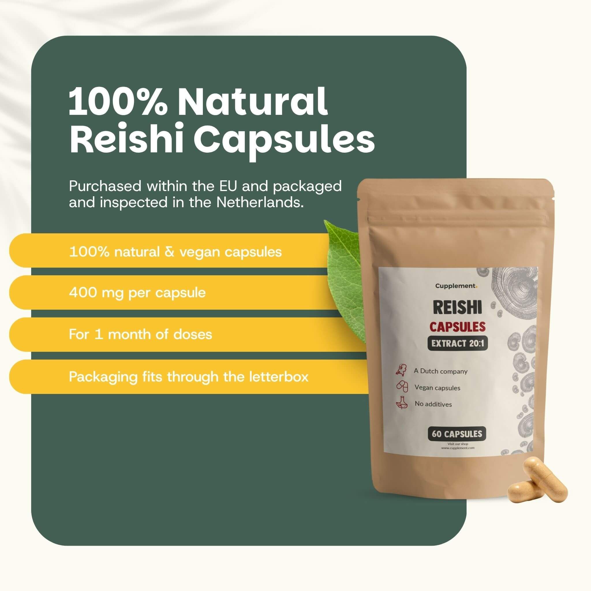 Gélules de Reishi. 100% naturel et végétalien. 400 mg par gélule. 60 gélules. Emballage.