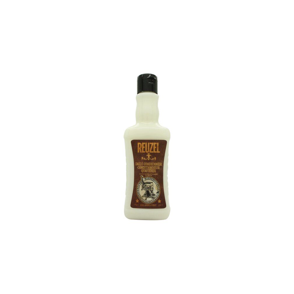 Flacon blanc avec bouchon noir. Étiquette avec texte et logo. Nom du produit: Reuzel Daily Conditioner.