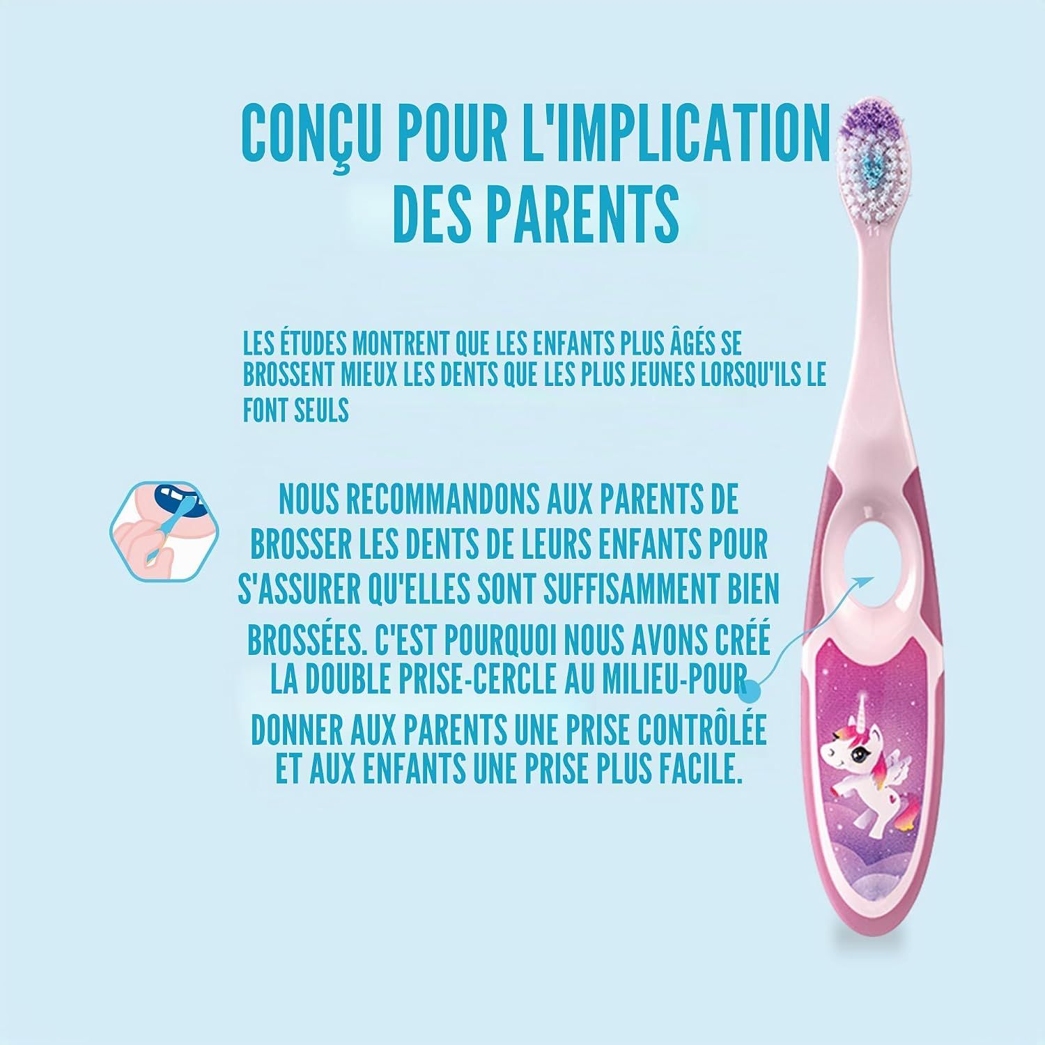 Brosse à dents enfant avec motif licorne et manche double prise.