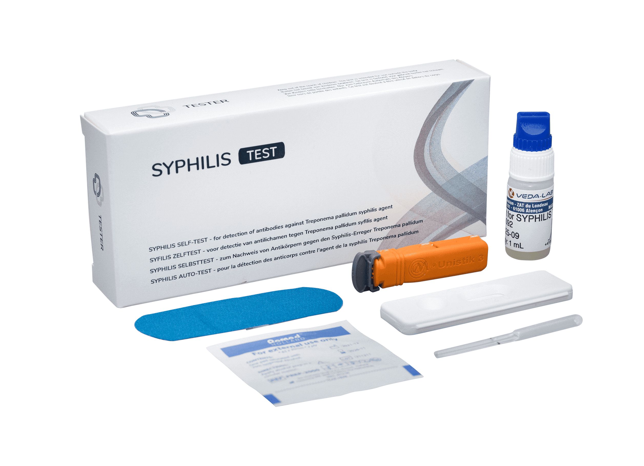 Syfilis zelftestkit met druppelaar, lancet, testcassette, bufferoplossing en handleiding.