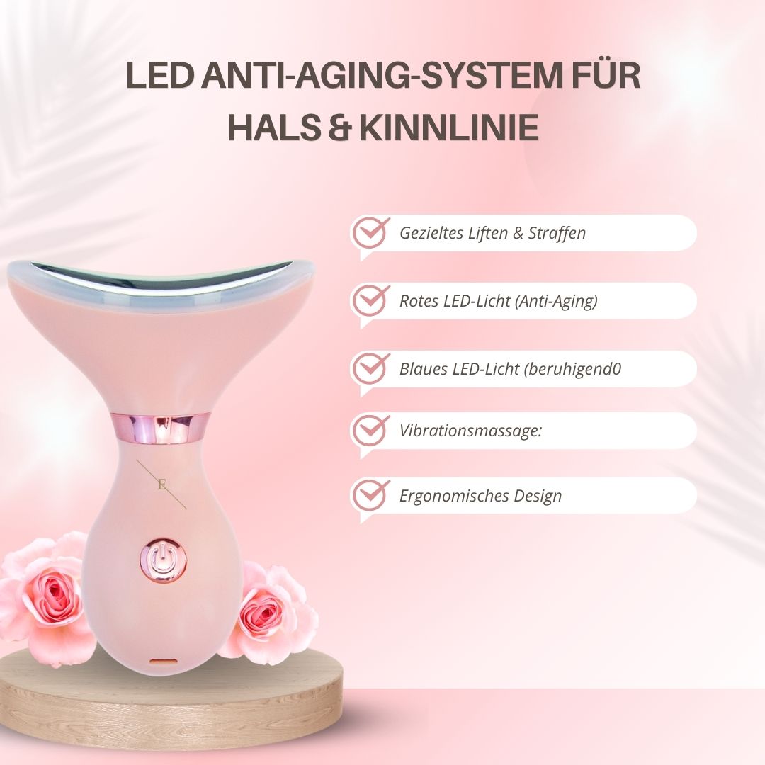 Appareil rose pour le cou et la mâchoire avec lumières LED. Nom du produit et avantages sur fond rose.