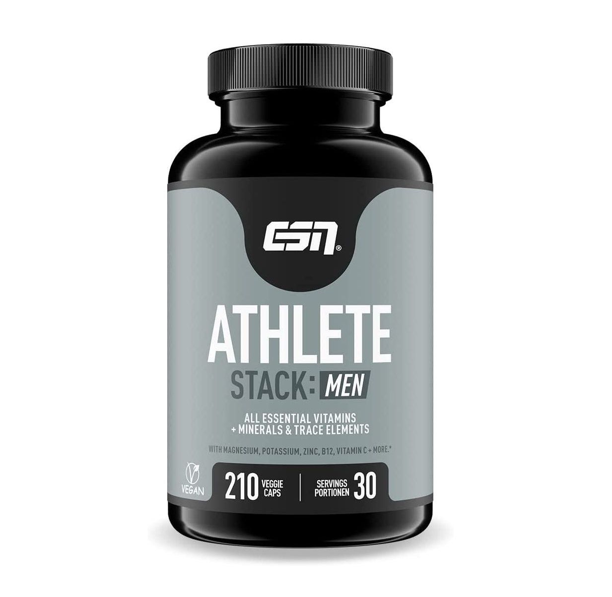 Zwarte fles met "ESN ATHLETE STACK: MEN" label. Bevat 210 capsules, 30 porties. Vegan.