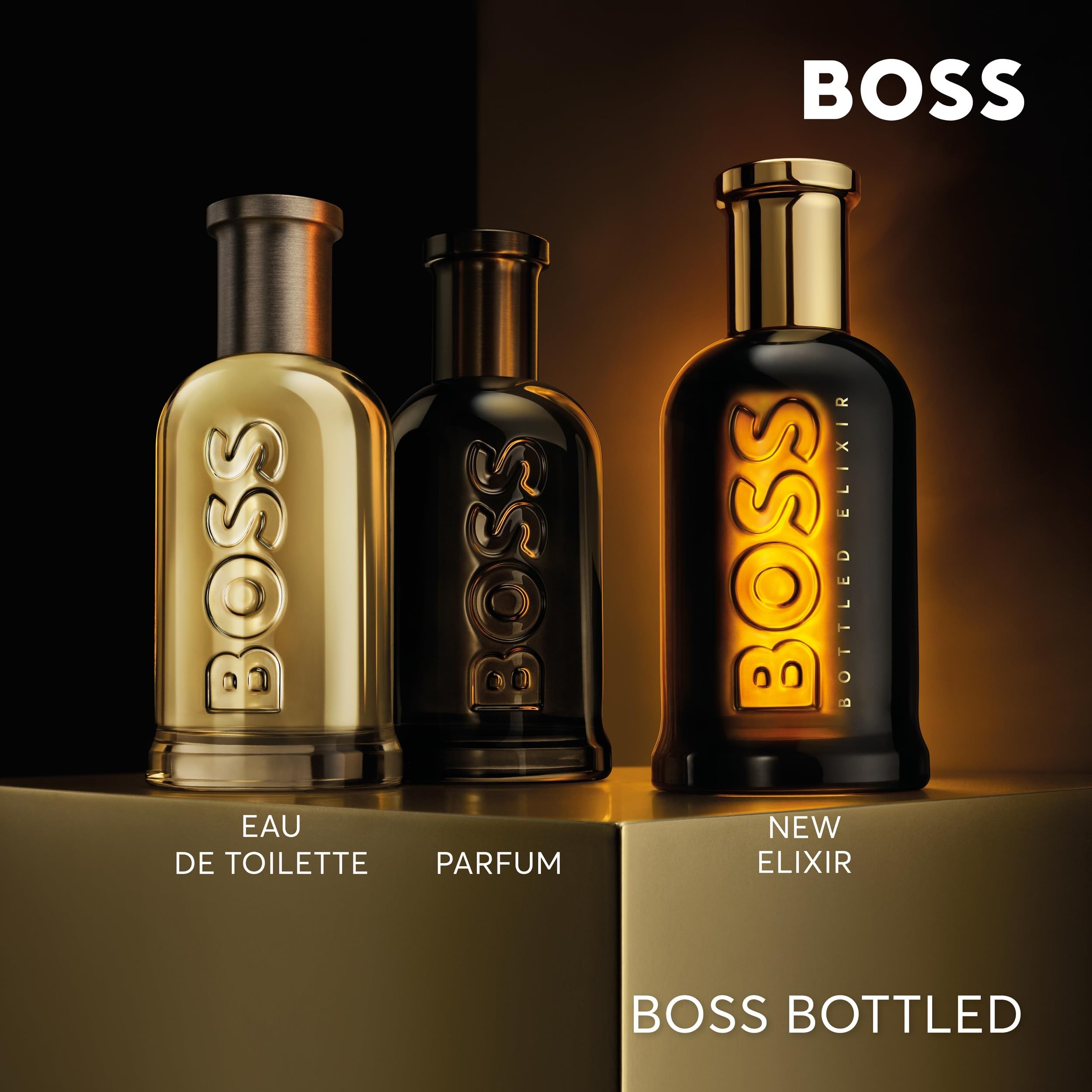 Drie HUGO BOSS Bottled geuren: Eau de Toilette, Parfum en Elixir.
