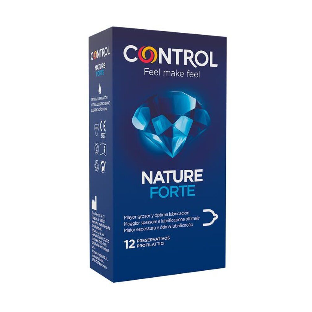 Boîte de préservatifs Control Nature Forte, 12 unités, boîte bleue avec symbole diamant.