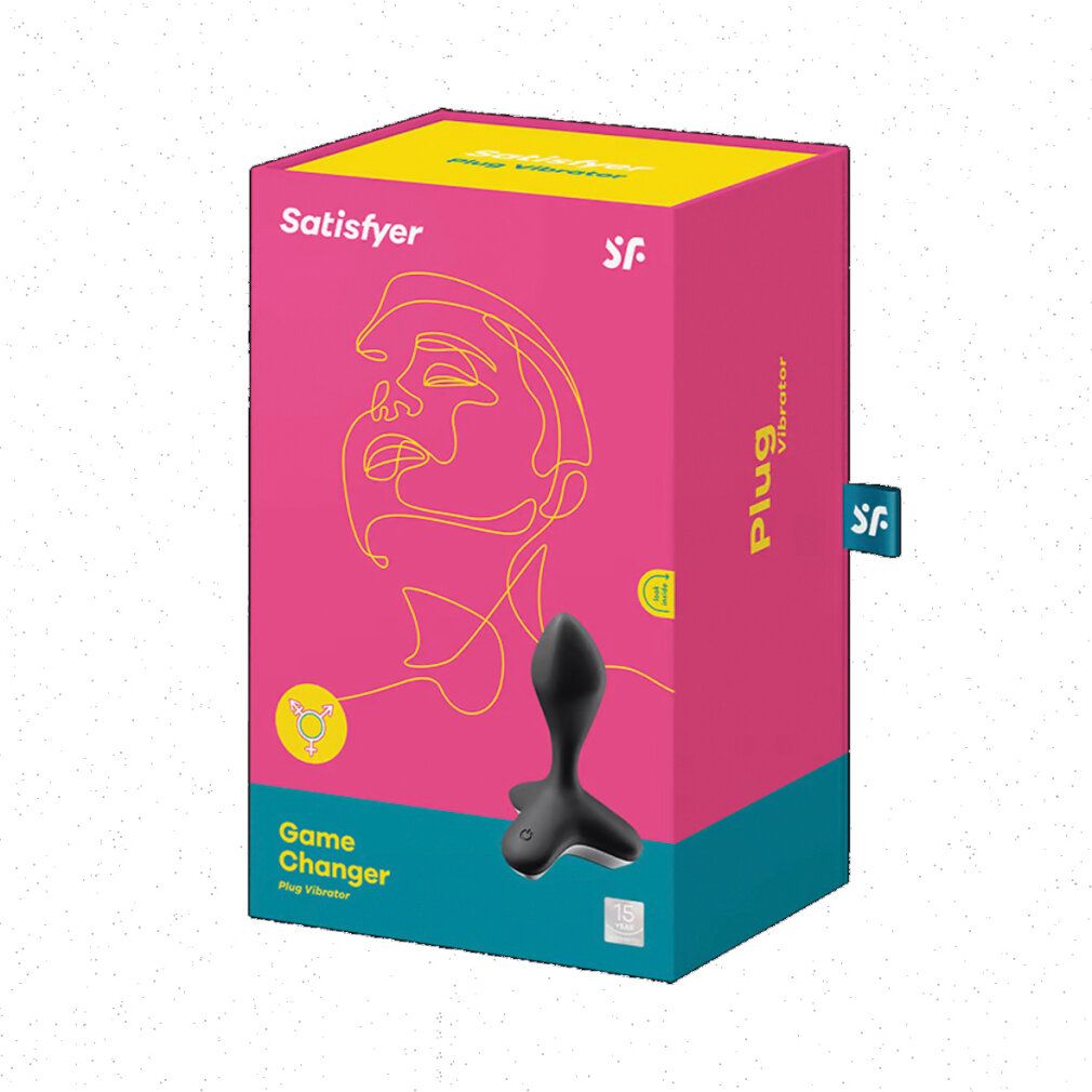 Emballage pour vibrateur anal. Rose, jaune, nom du produit, illustration. Nom du produit : Satisfyer Game Changer Plug Vibrator. Vibrateur noir représenté.