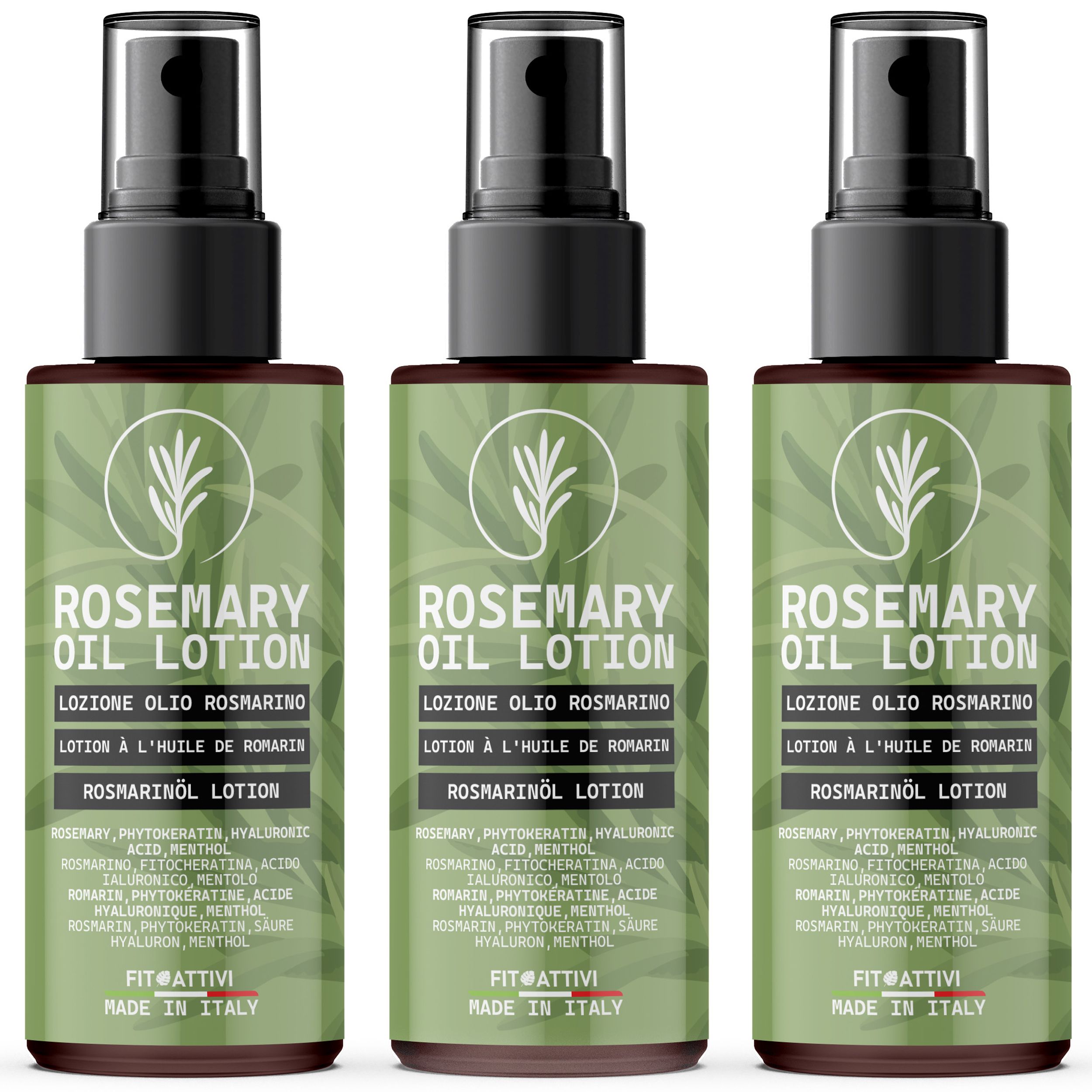 Trois flacons de lotion à l'huile de romarin avec vaporisateur noir. Étiquettes vert-brun avec nom et ingrédients.