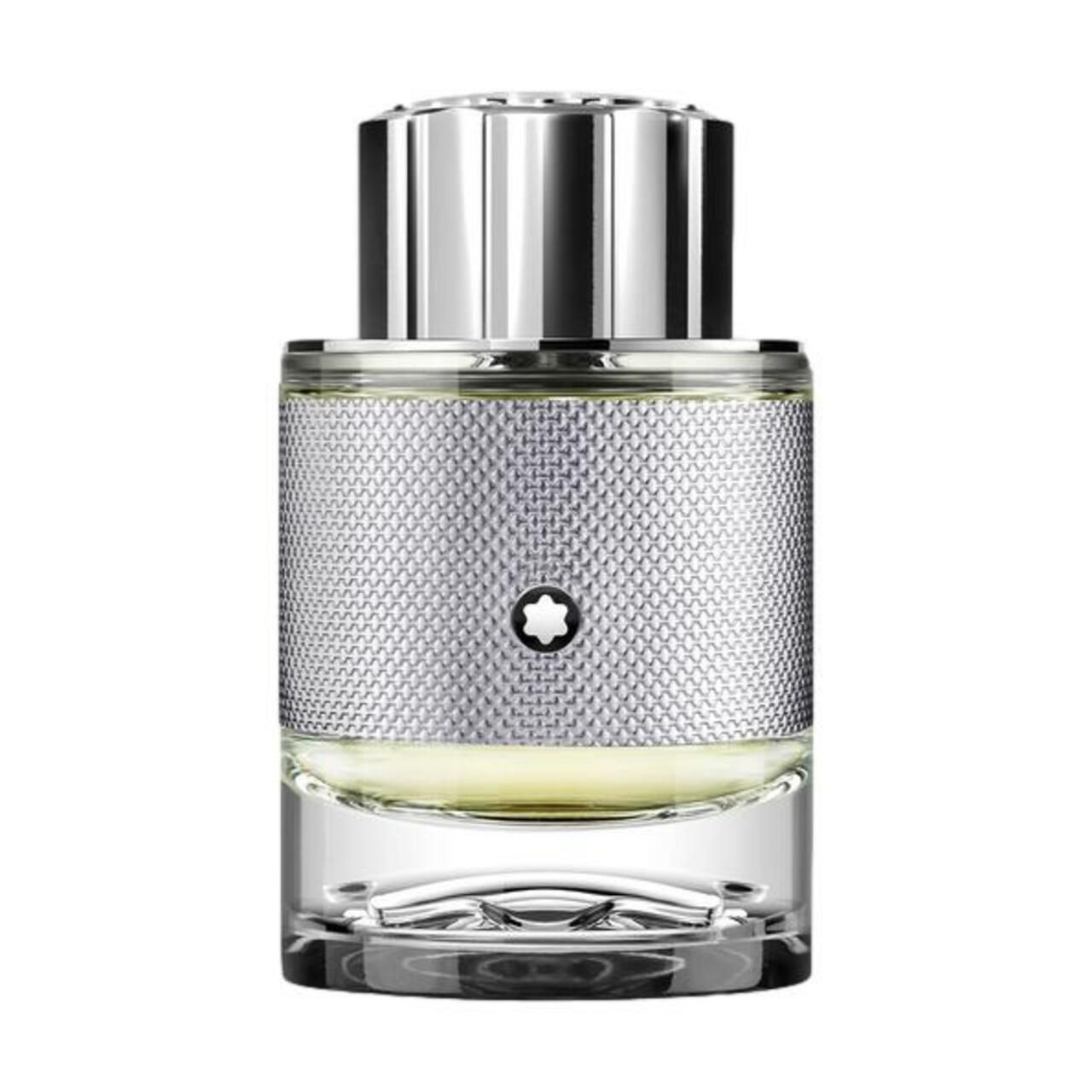 Montblanc Explorer Platinum EdP Nat. Spray fles. Zilverkleurige fles met logo, glazen bodem, zilveren dop.