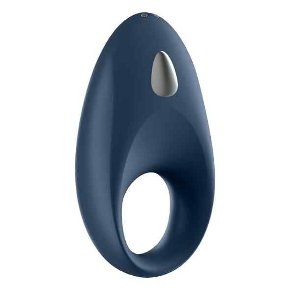 Satisfyer Mighty One Ring bleu foncé avec accent argenté et ouverture ovale.