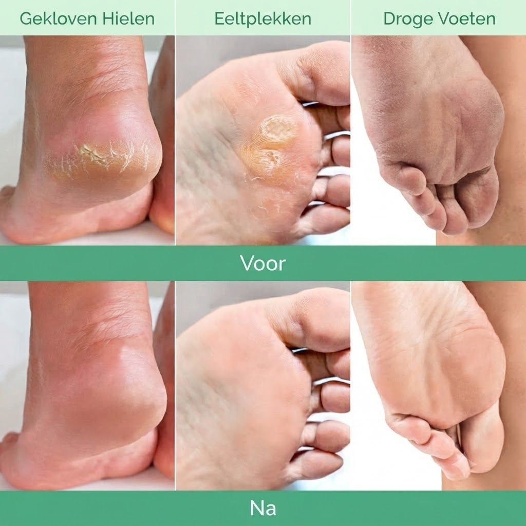 Voor: Gekloofde hielen met droge, schilferige huid.