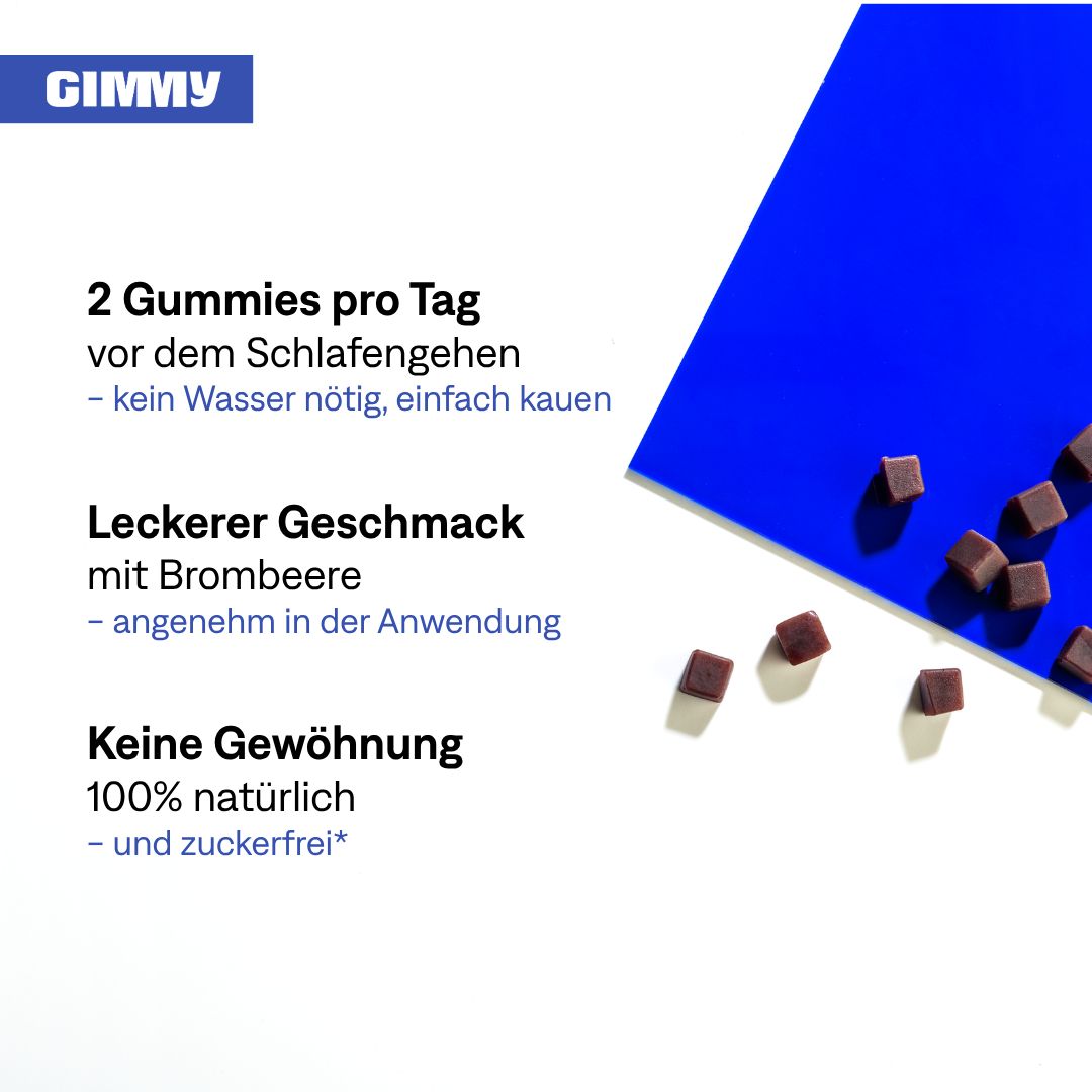 Tekst: 2 gummies per dag, Lekkere smaak met braambes, Geen gewenning. Gummies op blauwe achtergrond.