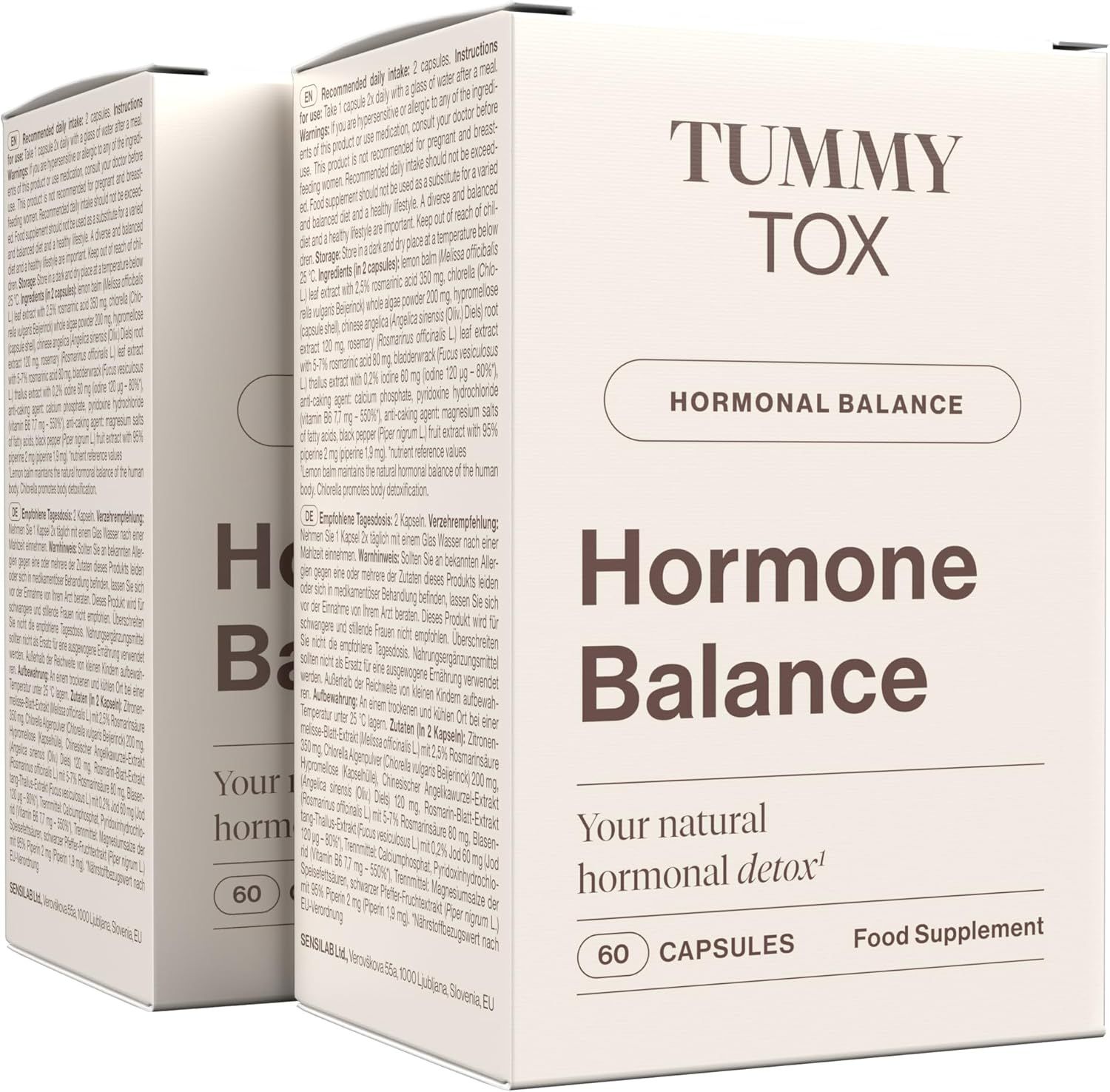 Deux boîtes blanches "Tummy Tox Hormone Balance". 60 gélules, complément alimentaire.