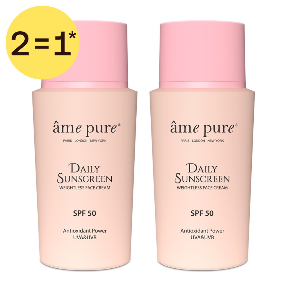 Deux flacons de crème solaire SPF 50 avec bouchon rose. Offre "2=1" mise en avant.
