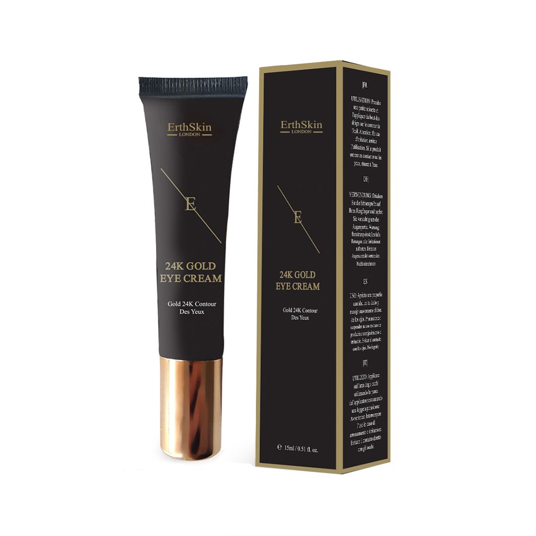 Tube et boîte pliante ErthSkin London Crème contour des yeux 24k Gold sur fond noir avec texte.