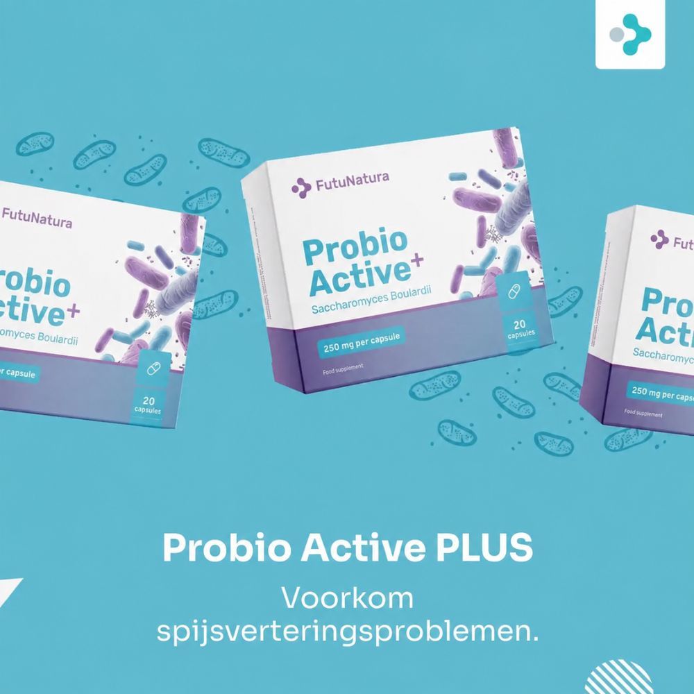 Man houdt zijn buik vast, naast FutuNatura Probio Active PLUS verpakking.