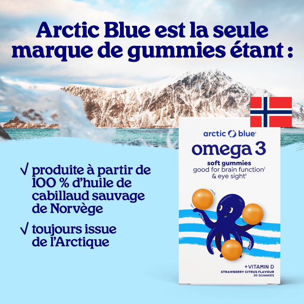 Dos de l'emballage Arctic Blue Omega-3 gummies avec informations détaillées sur les ingrédients.