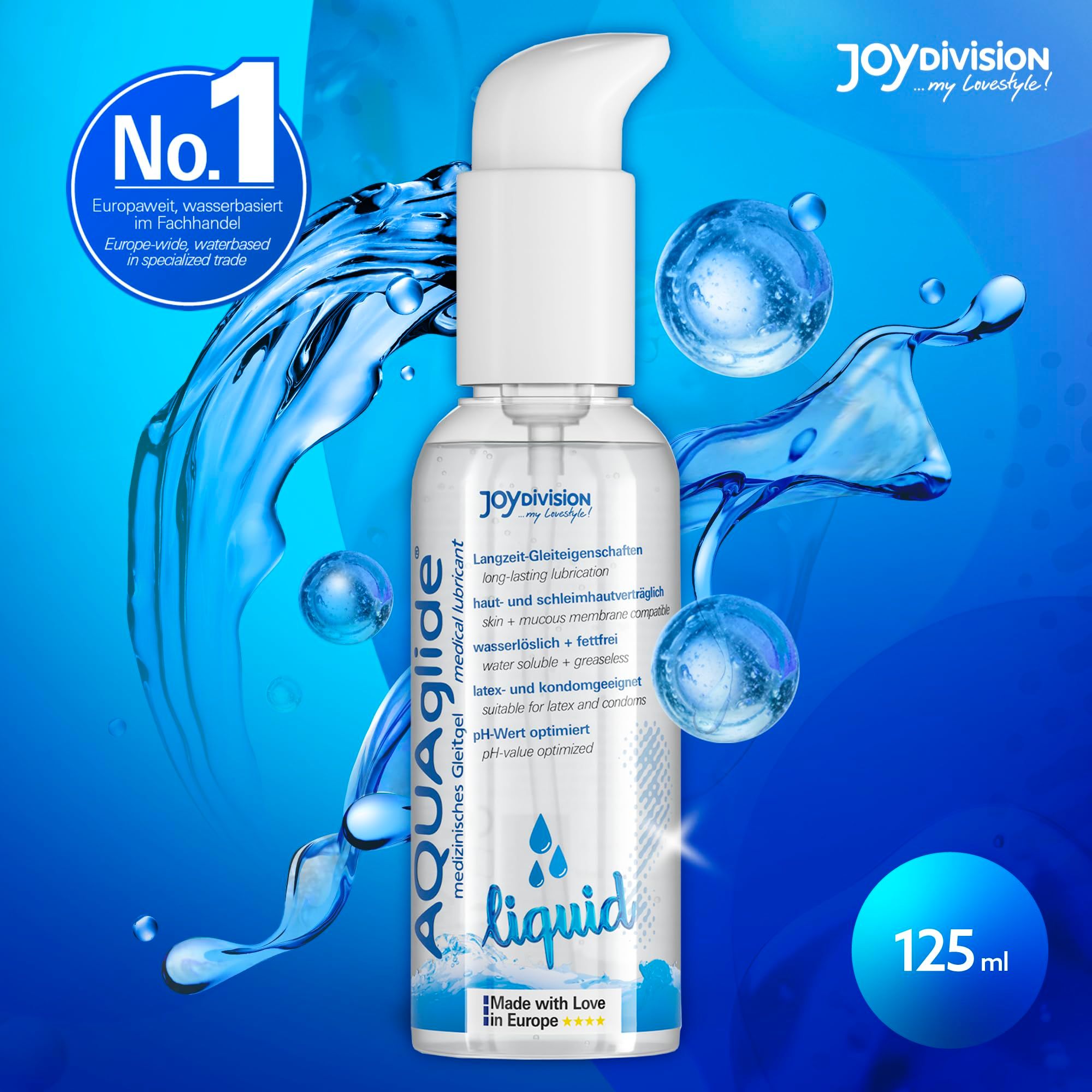 AQUAGLIDE Liquid glijmiddel in 125ml pompfles. Waterbasis, olie- en vetvrij, pH-neutraal.