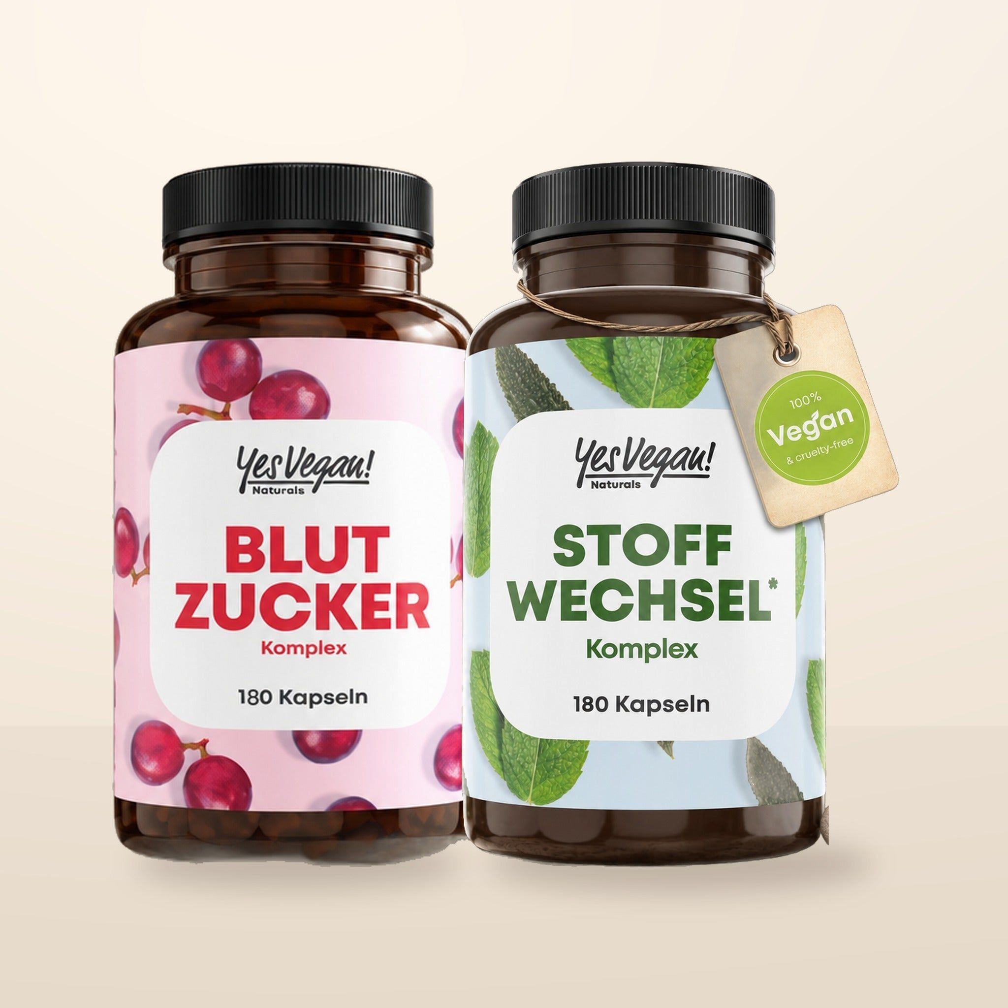 Deux bouteilles de compléments alimentaires YesVegan! : Blut Zucker Kompleks et Stoffwechsel Kompleks.
