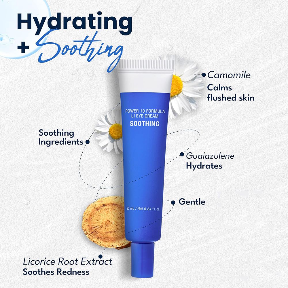 Tube bleu avec texte. Camomille, Guaiazulène, extrait de racine de réglisse. Inscription : POWER 10 FORMULA LI EYE CREAM SOOTHING.