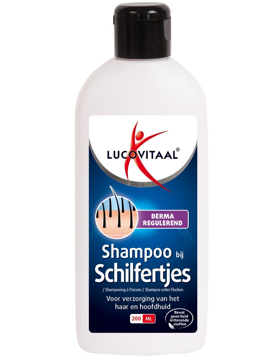 Witte fles met zwarte dop. Etiket met logo en tekst "Shampoo bij Schilfertjes". Bevat 200 ml.