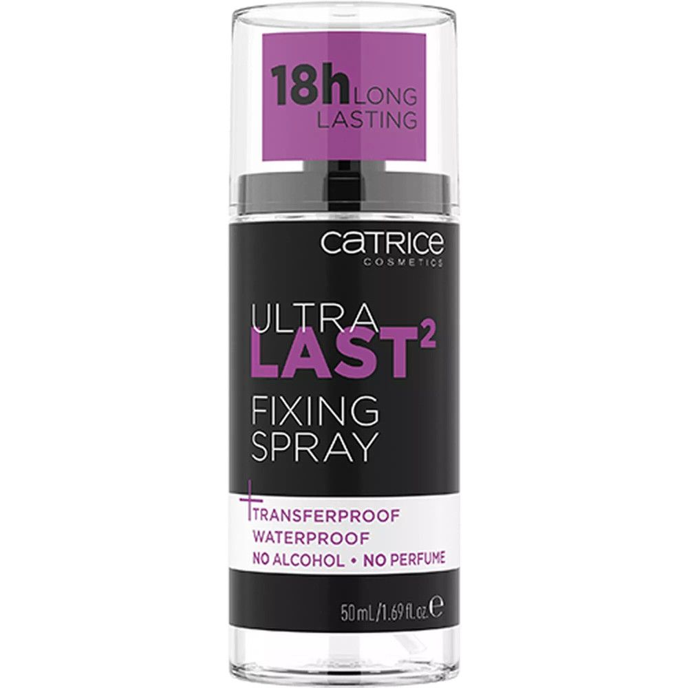 Catrice fixing spray. Zwarte fles met transparante dop. Bevat de tekst "Ultra Last2 Fixing Spray".