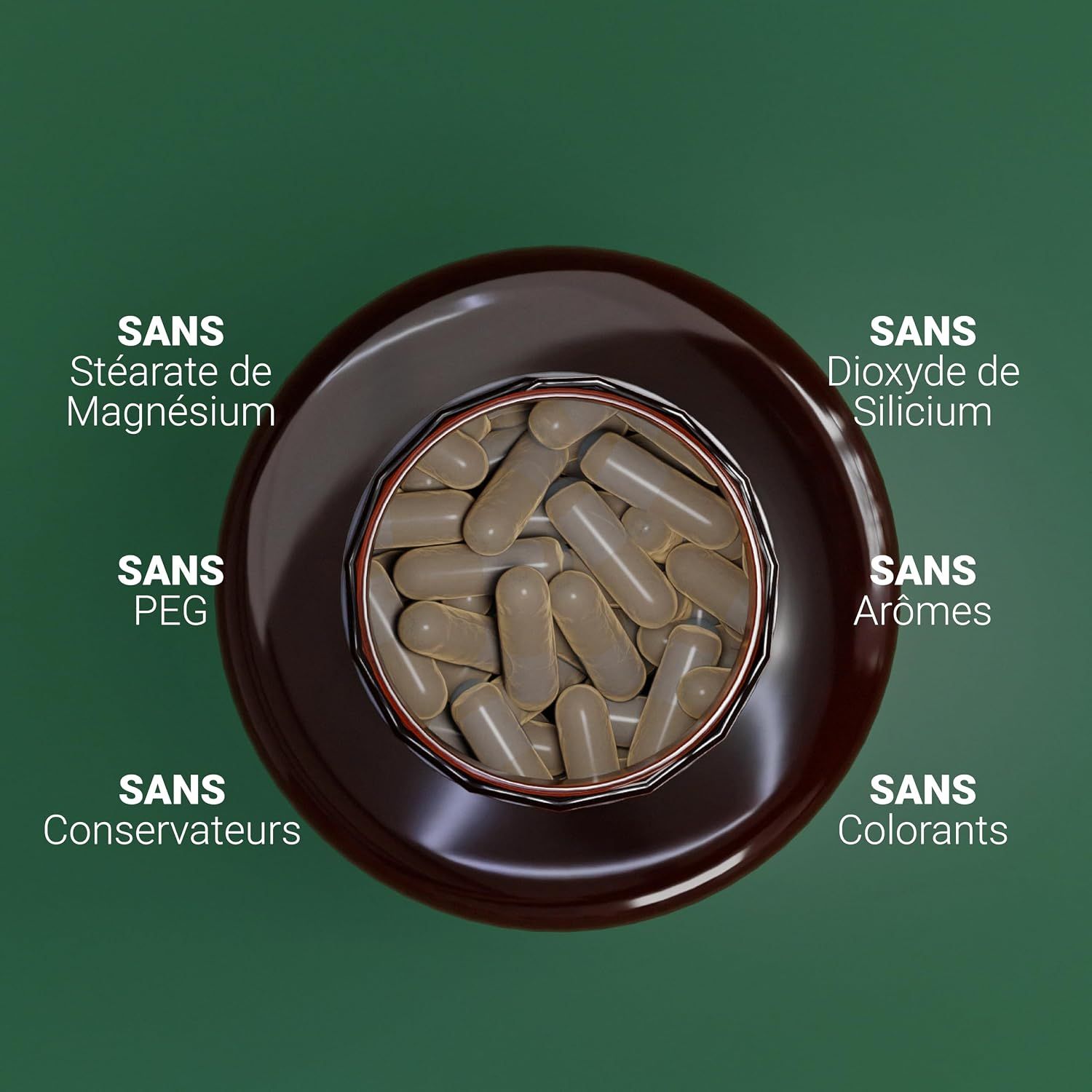 Gélules brunes dans une bouteille brune, sans stéarate de magnésium, dioxyde de silicium, PEG, arômes, conservateurs et colorants.