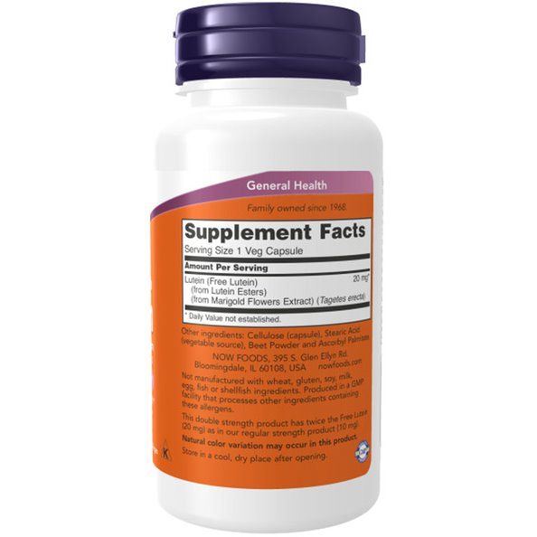 Flacon blanc avec bouchon violet. Étiquette orange avec texte: "Supplement Facts", "Lutéine", "20 mg". Marque: NOW FOODS.