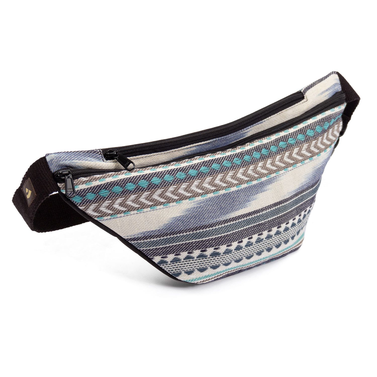bodhi Collection ETHNO : Sac banane en tissu ikat, à motifs noir-blanc-bleu, sac à bandoulière