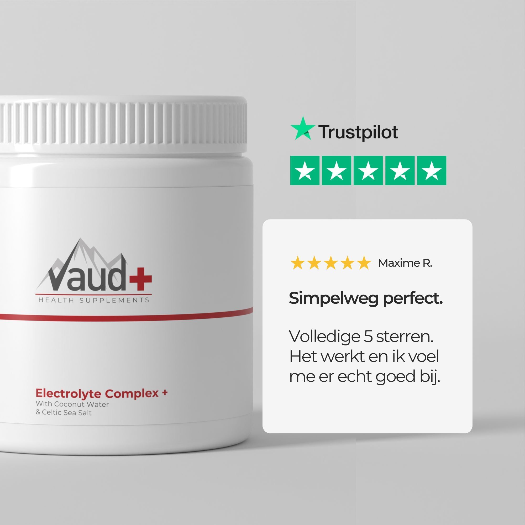Witte pot met Vaud+ logo en "Electrolyte Complex" opschrift. Bevat kokoswater en Keltisch zeezout.