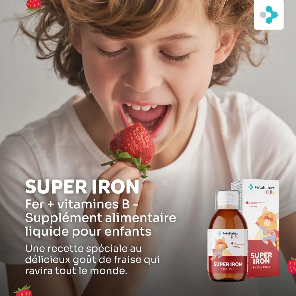 Enfant mange une fraise. Flacon et boîte FutuNatura Kids Super Iron.